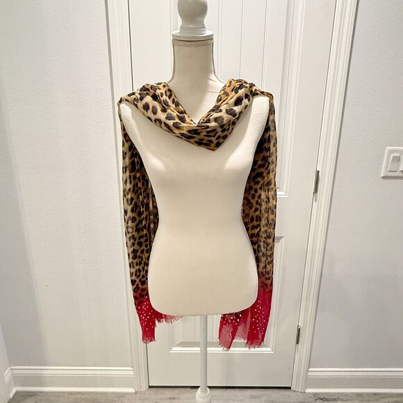 Large Leopard Spotted Scarf Bright Pink Accents Studded 27 x 100 NWT - Picture 3 of 14